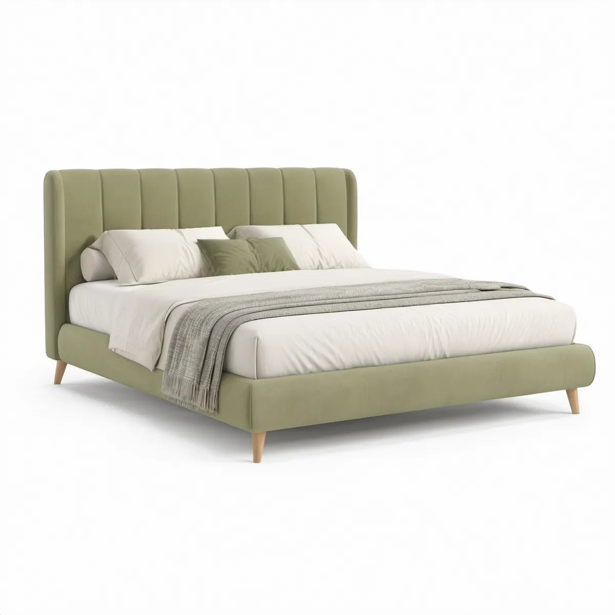 Queen Olive Green Upholstered Platform Bed Frame with Channel-Tufted Headboard, 65 x 86 x 48 in