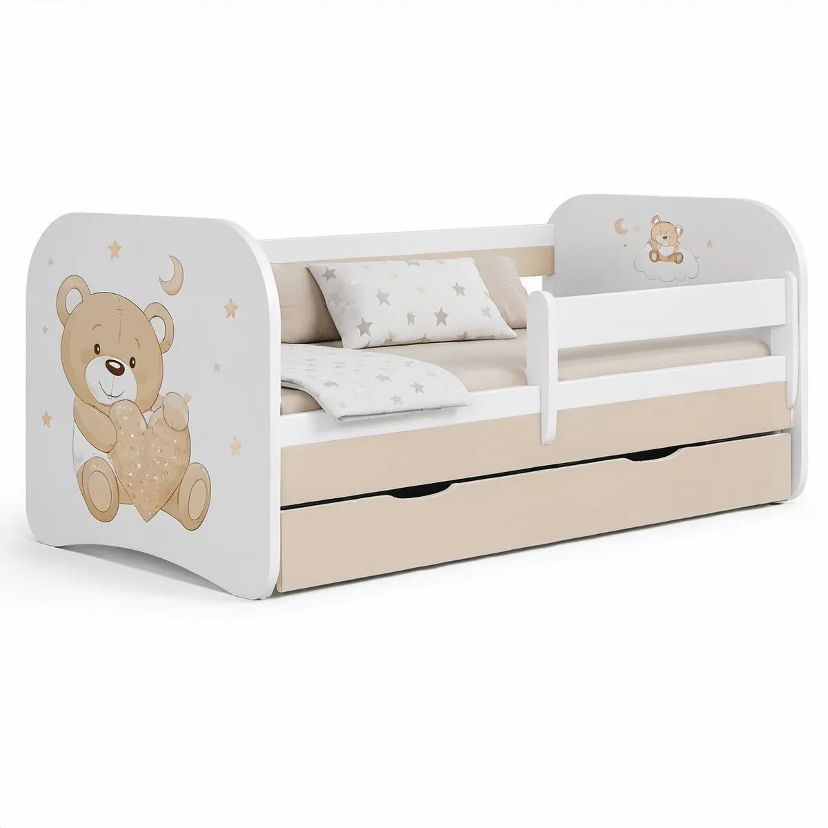 Toddler Bed Frame with Safety Rail, Storage Drawer and Bear Design, White/Beige, 57.5 x 30.7 x 27.6 in
