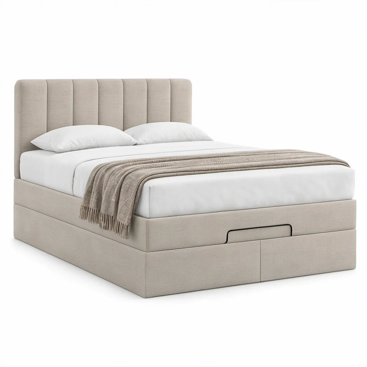 Queen Beige Upholstered Storage Bed Frame with Vertical Channel Headboard, 60 x 80 in