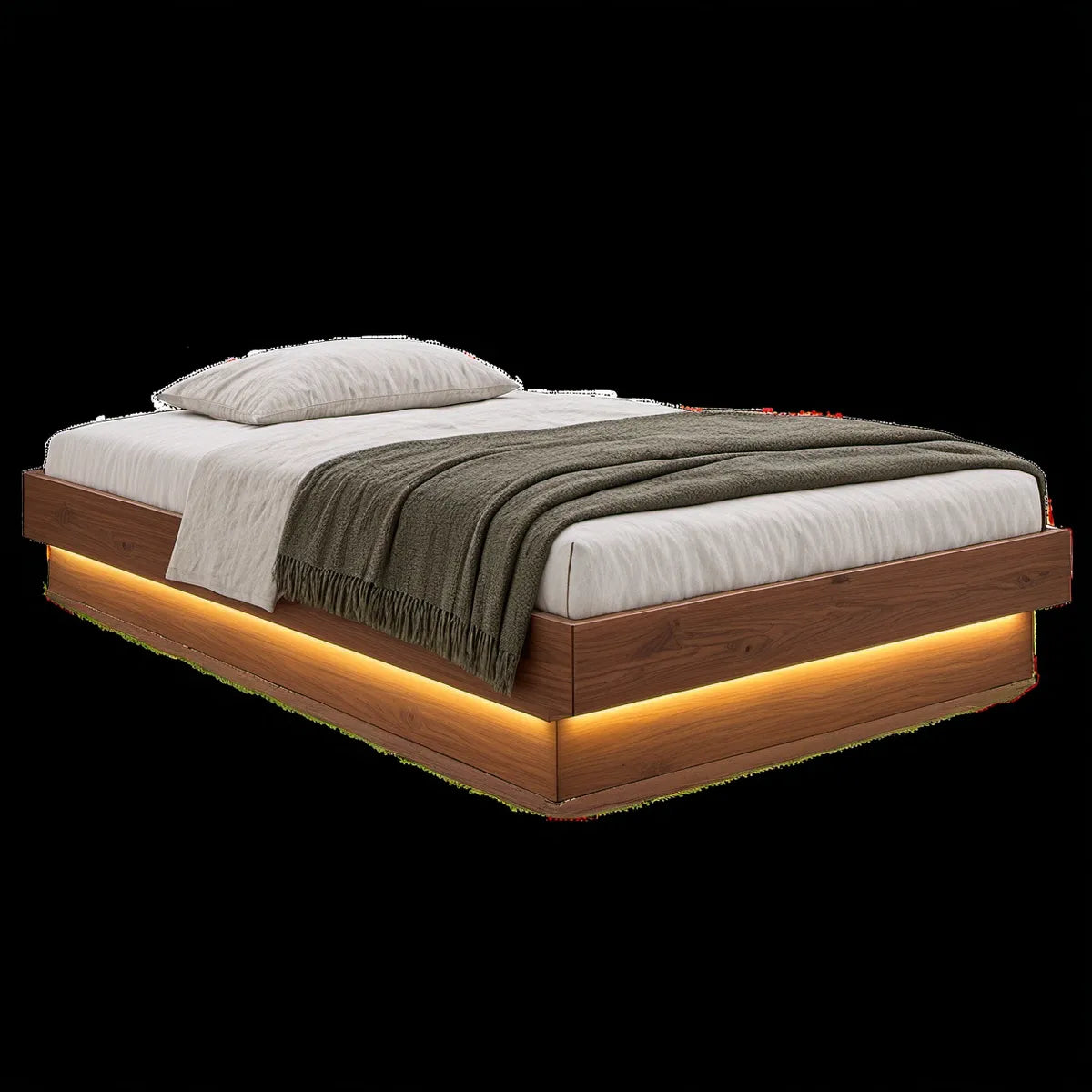 Queen Platform Bed Frame with Integrated Warm White LED Lighting, 80 x 60 x 14 in, Walnut Brown
