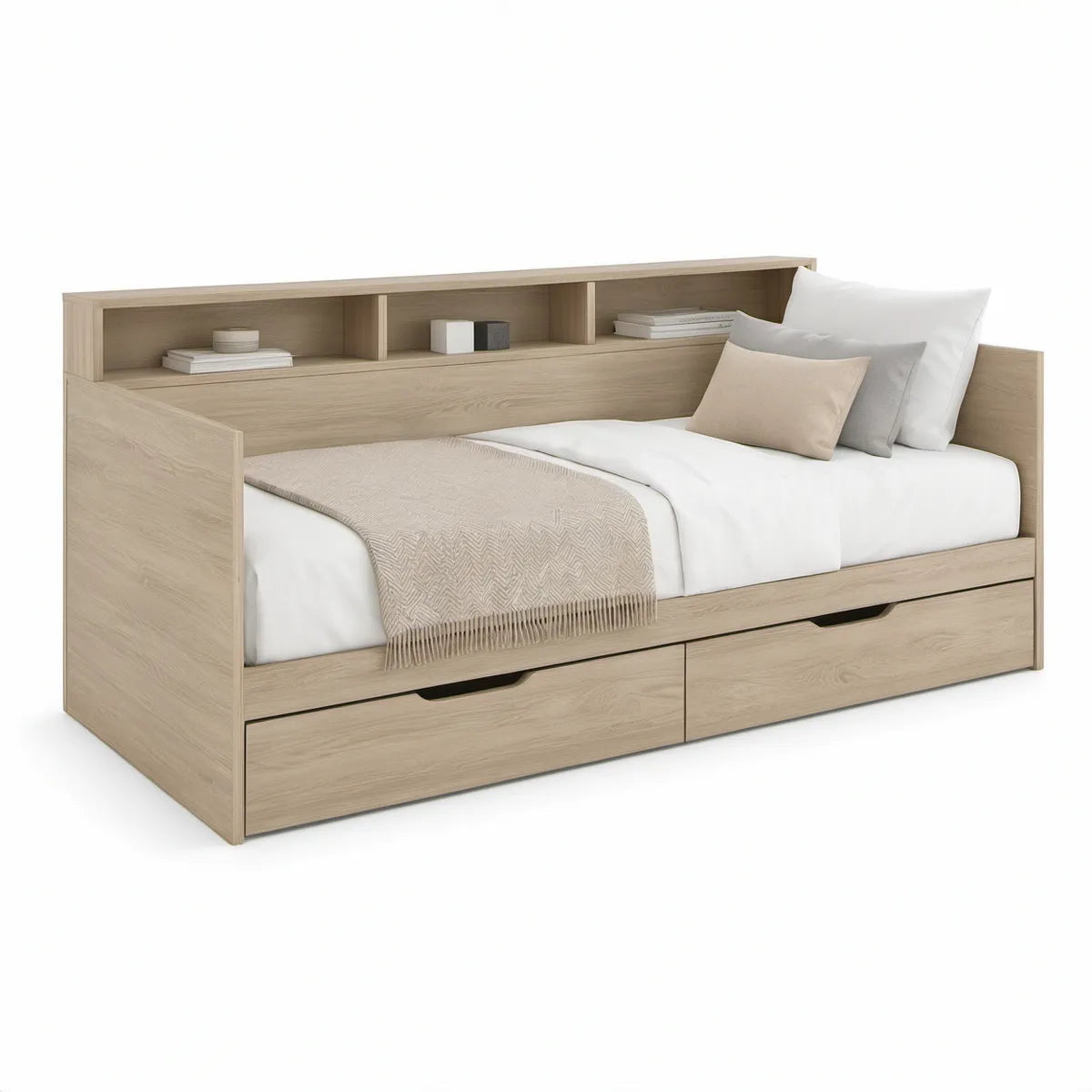 Twin Storage Daybed Frame with 3 Drawers and Open Shelves, 80.7 x 41.7 x 39.4 in, Light Oak
