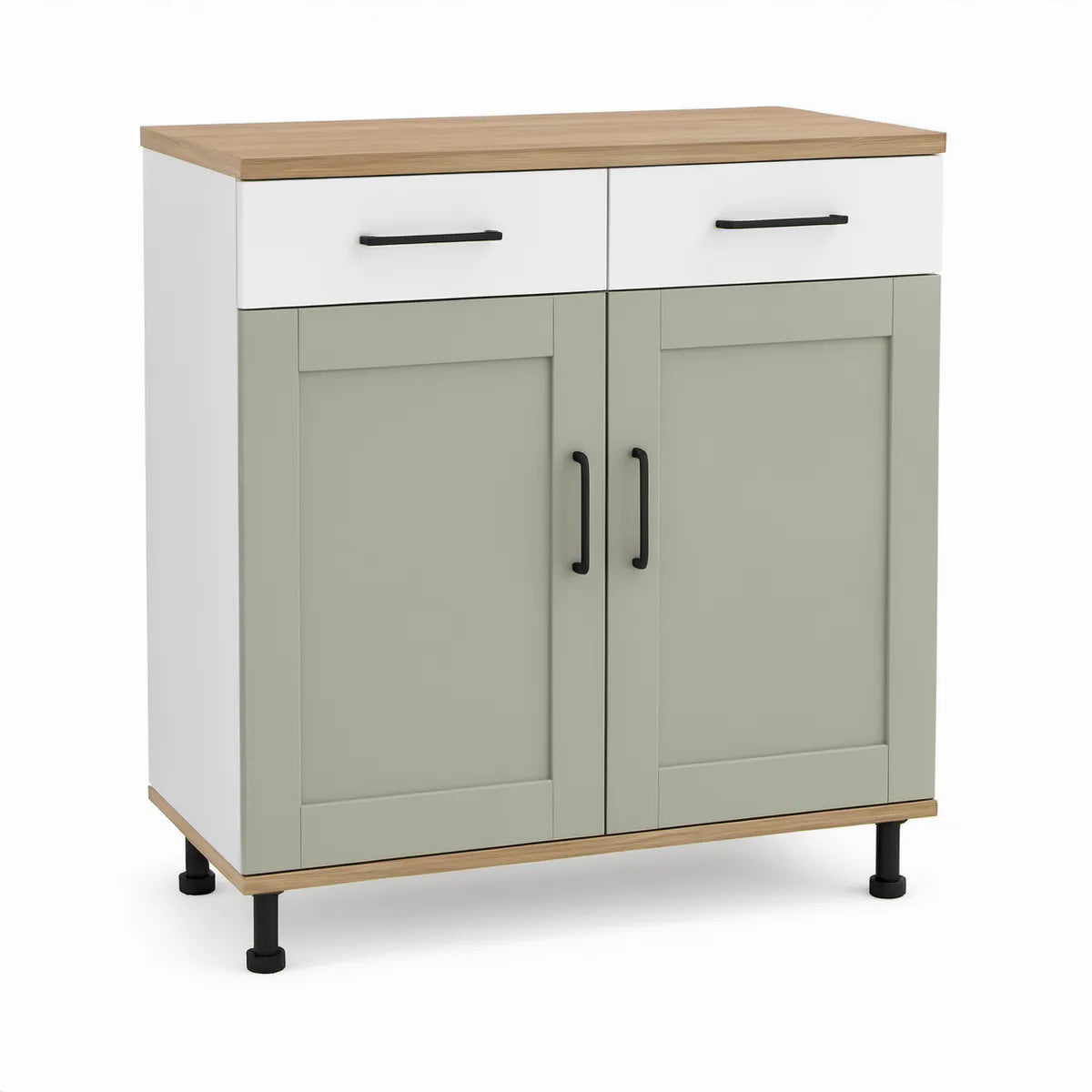 Freestanding Kitchen Storage Cabinet with 2 Doors and 2 Drawers, 31.5 x 15.7 x 35.4 in, Sage Green, White, Natural Oak and Black