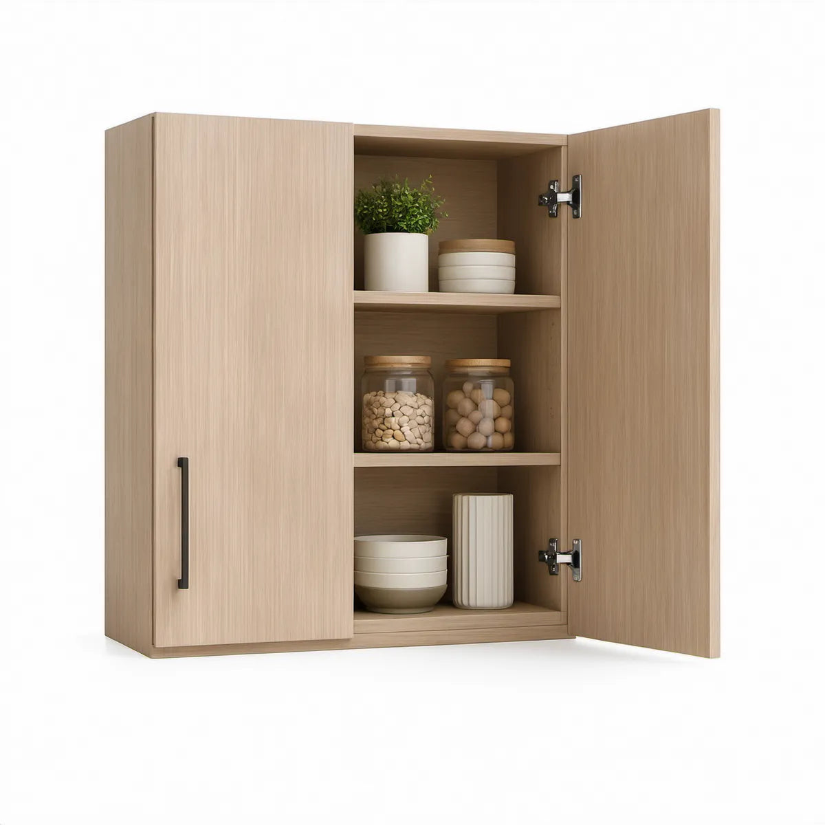 Light Oak Wall-Mounted Storage Cabinet with Black Handles, 24 in W x 12 in D x 30 in H