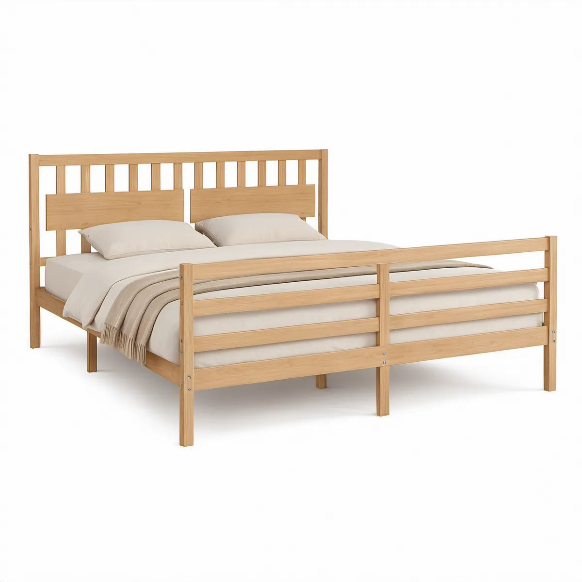 Natural Solid Pine Wood Queen Platform Bed Frame, 84 x 63 x 43 in