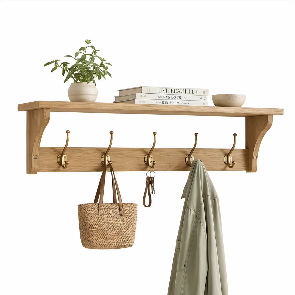Wall-Mounted Oak Shelf with 5 Double Hooks, Oak and Brass, 47.24 x 9.84 x 15.75 in