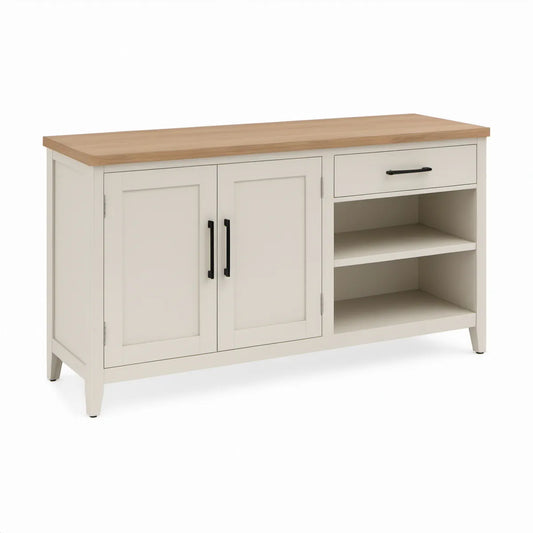 White Kitchen Island Storage Cabinet with Natural Rubberwood Top, 47.25 x 18 x 35.5 in