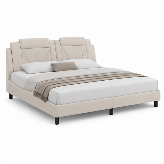 Queen Beige Upholstered PU Leather Bed Frame with Padded Headboard, 85 x 65 x 50 in