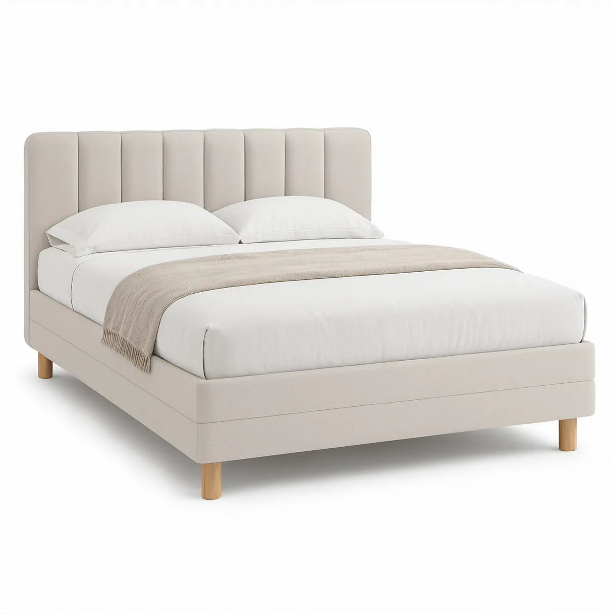Queen Beige Upholstered Platform Bed Frame with Channel-Tufted Headboard, 65 in W x 87 in L x 46 in H
