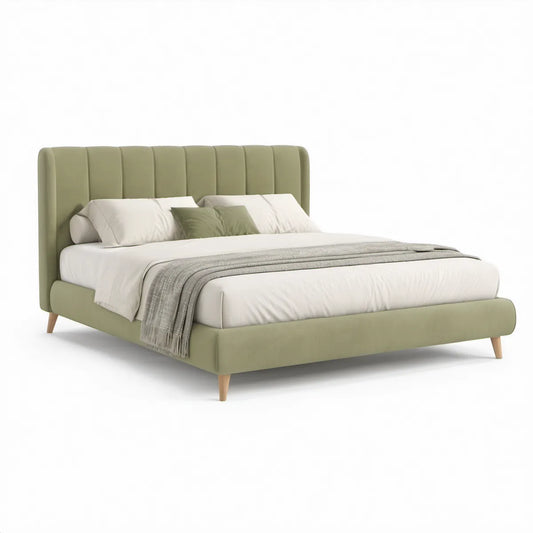 Queen Olive Green Upholstered Platform Bed Frame with Channel-Tufted Headboard, 65 x 86 x 48 in