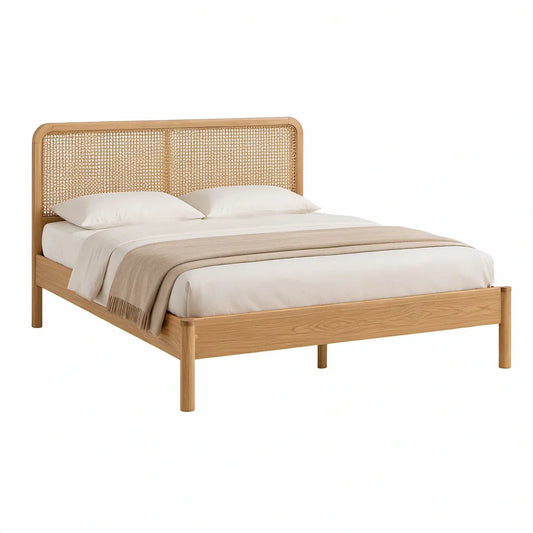 Queen Natural Rubberwood and Rattan Platform Bed Frame, 85 x 64 x 48 in