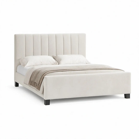Queen Upholstered Platform Bed Frame, Cream/Black, 63 x 84 x 45 in
