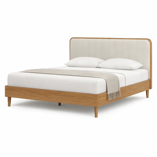 Queen Platform Bed Frame with Upholstered Headboard, 86 x 64 x 45 in, Beige/Natural