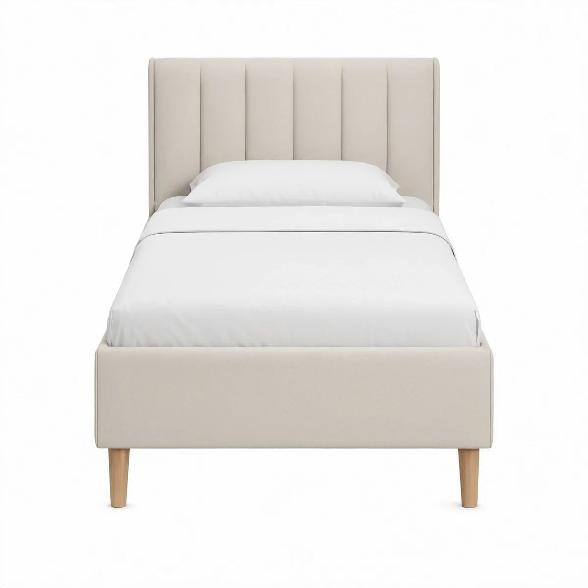 Twin Beige Upholstered Platform Bed Frame with Channel-Tufted Headboard, 41 x 81 x 48 in