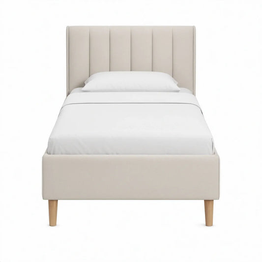 Twin Beige Upholstered Platform Bed Frame with Channel-Tufted Headboard, 41 x 81 x 48 in