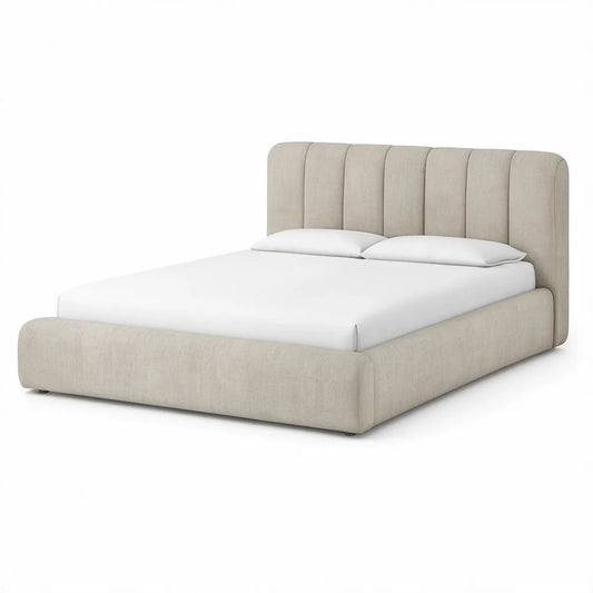 Queen Beige Upholstered Platform Bed Frame, 65 x 86 x 48 in