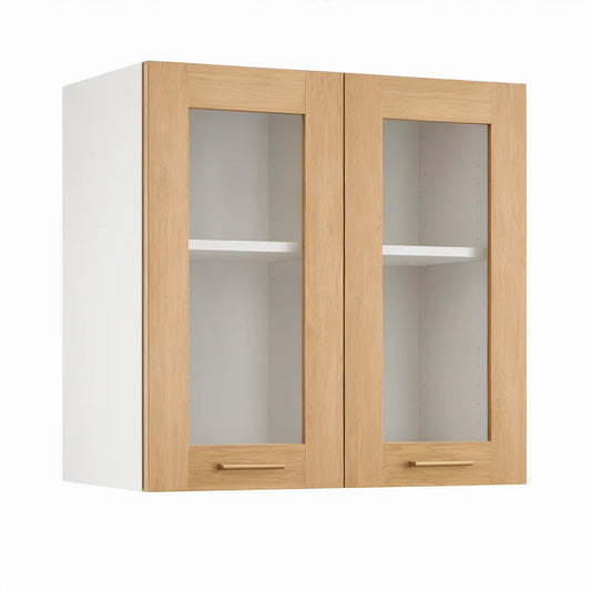 Wall-Mounted 2-Door Glass Kitchen Cabinet, 23.62 x 11.81 x 28.35 in, White and Natural Oak