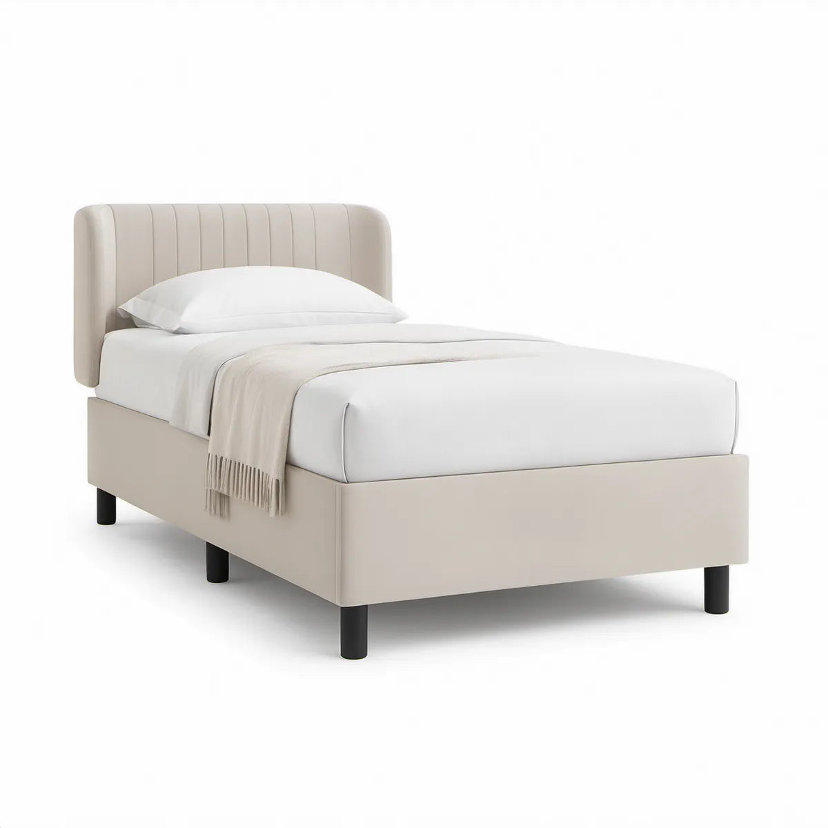 Twin Ivory Upholstered Platform Bed Frame with Wingback Headboard, 42 x 80 x 45 in
