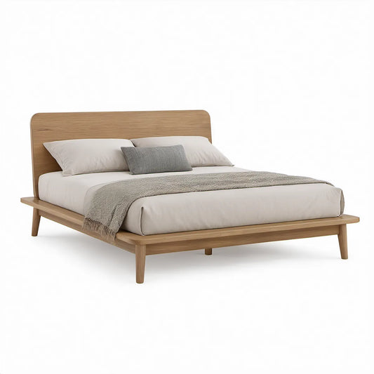 Queen Size Light Brown Oak Veneer Platform Bed, 65 x 86 x 40 in