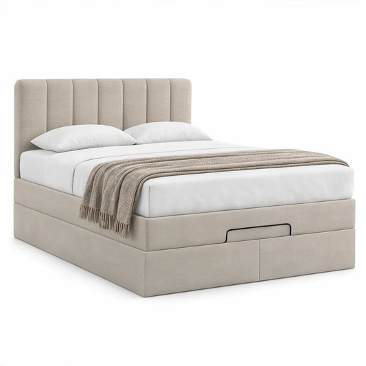 Queen Beige Upholstered Storage Bed Frame with Vertical Channel Headboard, 60 x 80 in