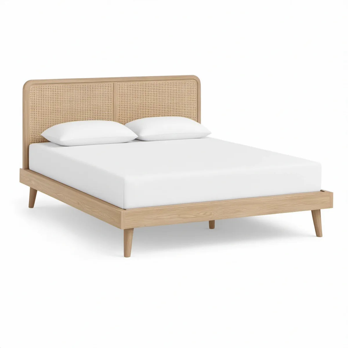 Queen Solid Rubberwood and Natural Rattan Bed Frame, Light Natural, 63 in W x 83 in D x 45 in H