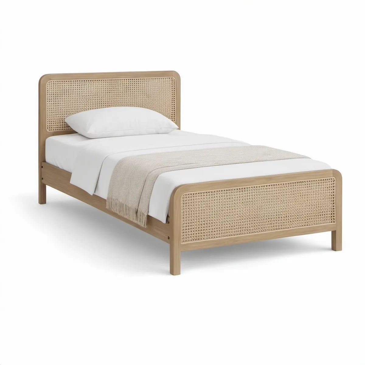 Twin Natural Light Brown Rubberwood and Rattan Bed, 80 x 42 x 43 in
