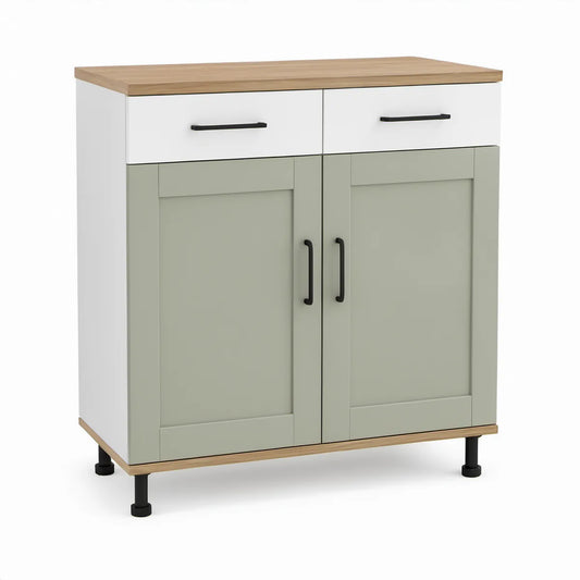 Freestanding Kitchen Storage Cabinet with 2 Doors and 2 Drawers, 31.5 x 15.7 x 35.4 in, Sage Green, White, Natural Oak and Black