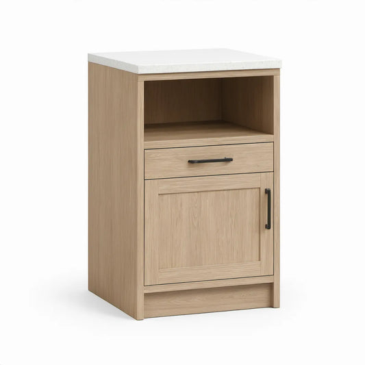 24 x 24 x 36 in Natural Oak Cabinet with White Quartz Countertop and Black Handles