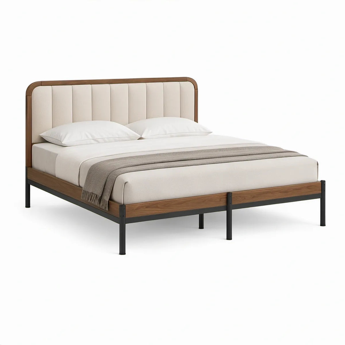 Queen Upholstered Platform Bed Frame, 65 in W x 85 in L x 47 in H, Walnut Wood, Black Steel and Ivory Polyester Headboard