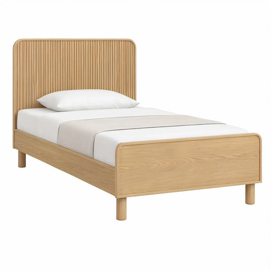 Twin Platform Bed Frame with Fluted Headboard, Natural Oak, 79 x 42 x 48 in