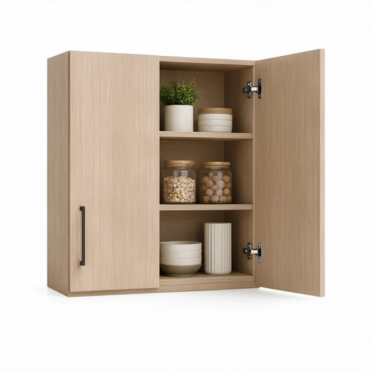 Light Oak Wall-Mounted Storage Cabinet with Black Handles, 24 in W x 12 in D x 30 in H