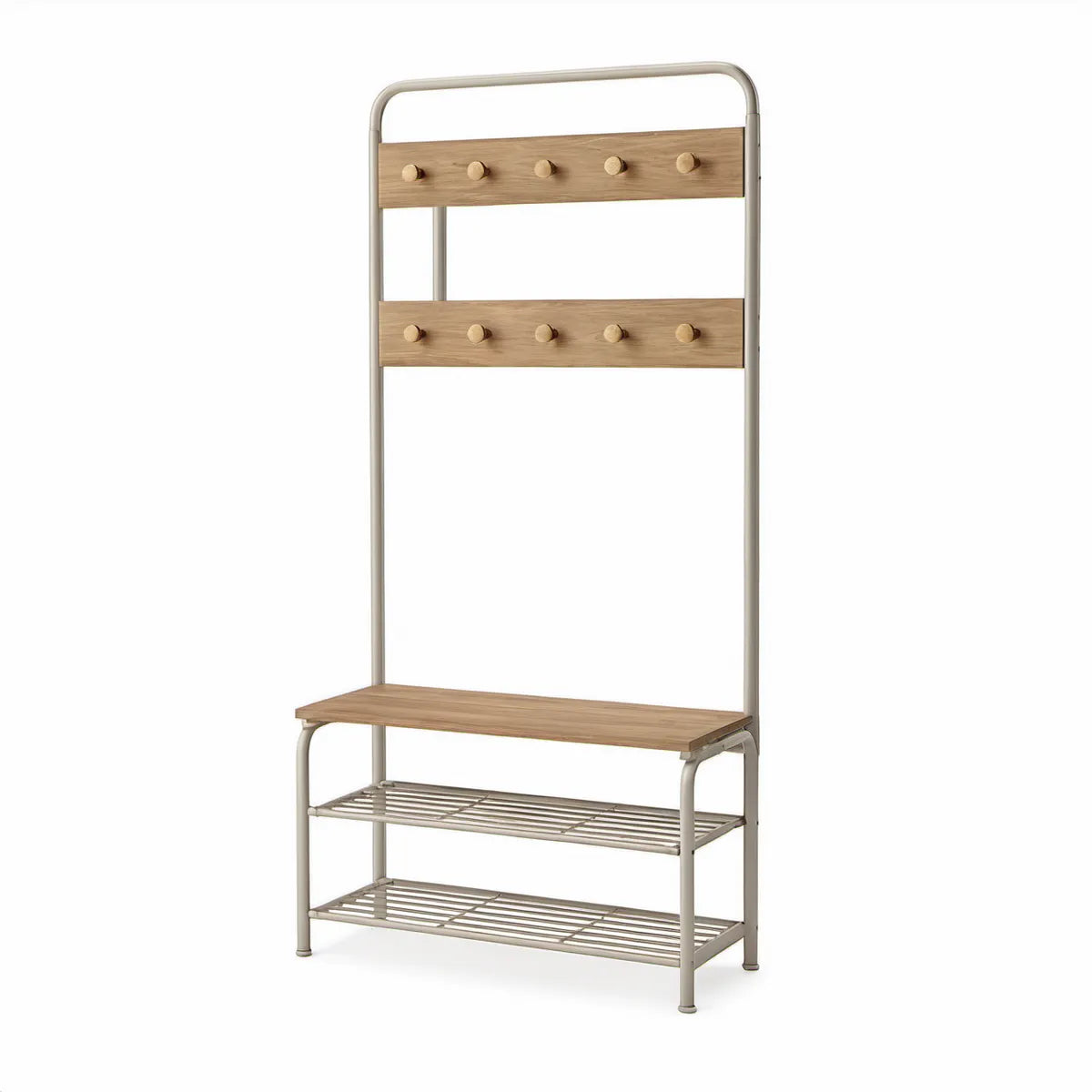 Oak Brown and Light Gray Hall Tree with Bench, 10 Hooks and 2 Shoe Shelves, 39.4 x 13.8 x 70.9 in