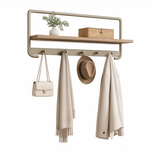 Wall-Mounted Coat Rack with Shelf, 80 x 20 x 35 cm, Natural Wood and Beige, 5 Hooks