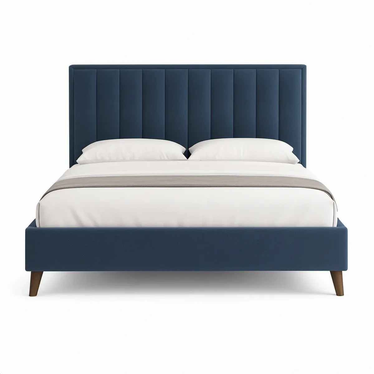 Queen Upholstered Platform Bed Frame with Vertical Channel-Tufted Headboard, Navy Blue/Dark Brown, 64 x 85 x 48 in