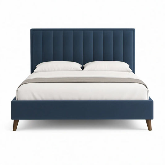 Queen Upholstered Platform Bed Frame with Vertical Channel-Tufted Headboard, Navy Blue/Dark Brown, 64 x 85 x 48 in