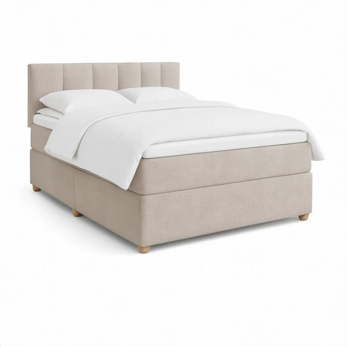 Queen Beige Upholstered Platform Bed with Vertical Channel Headboard, 64 x 85 x 48 in