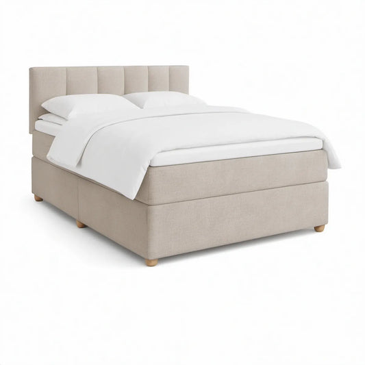 Queen Beige Upholstered Platform Bed with Vertical Channel Headboard, 64 x 85 x 48 in