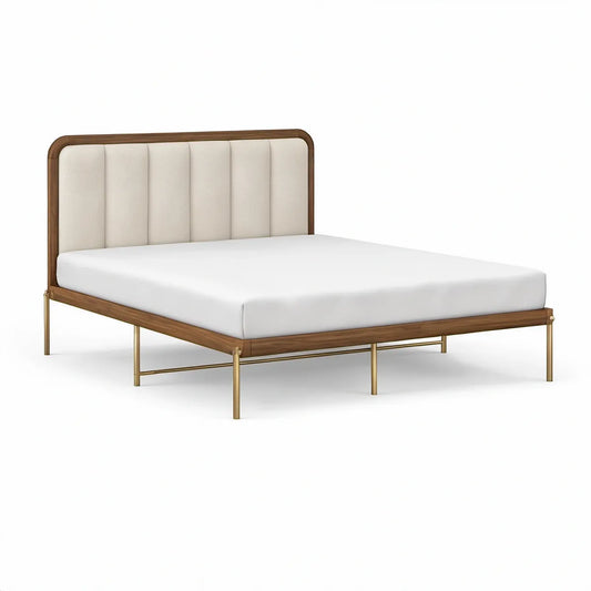 Queen Platform Bed Frame, 80 x 60 x 45 in, Walnut Veneer, Ivory Upholstered Headboard, Brass Steel Legs